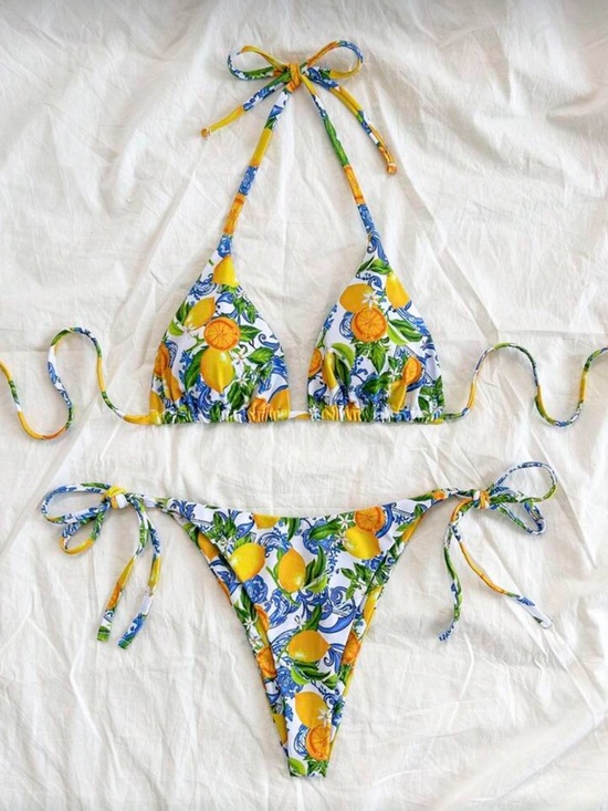 Lemon print two piece bikini set swimsuit European vacation preppy white yellow